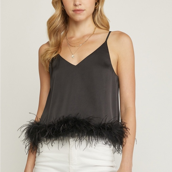 🌺🌺🌺ENTRO feather Trimmed Spaghetti Strap in Black🌺🌺🌺 - Picture 8 of 8